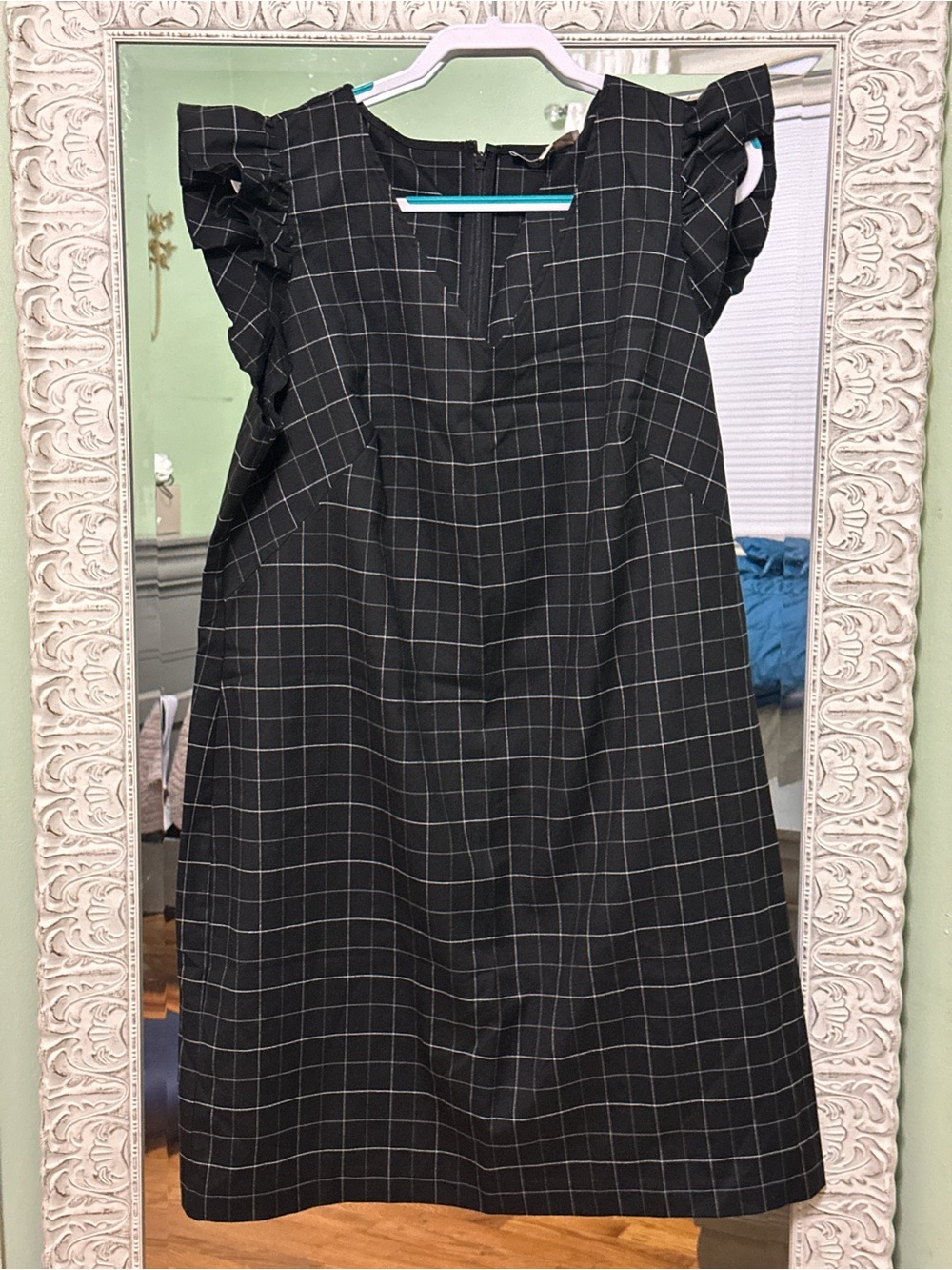 Loft Black Windowpane Ruffle Sleeve Dress | Size 18